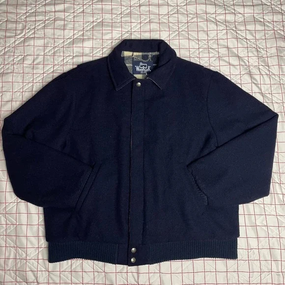 Woolrich Men Large Wool Jacket Navy Blue Plaid Lined Bomber Style Made USA - Picture 5 of 13